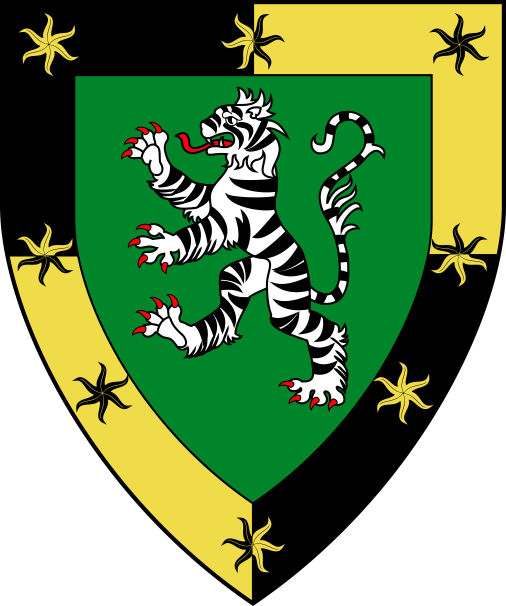 [Vert, a natural tiger rampant argent marked sable and a bordure quarterly sable and Or estoilly counterchanged]