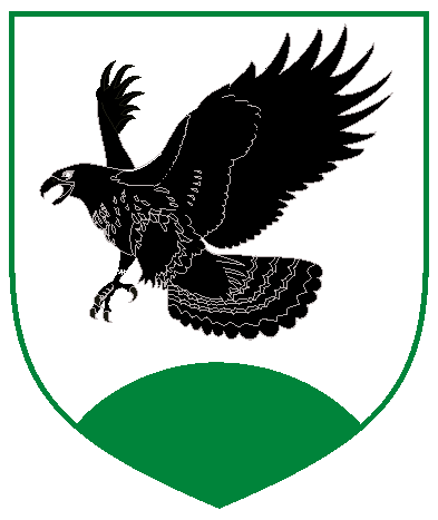[Argent, a kestrel [Falco tinnunculus] hovering sable, in base a mount vert.]