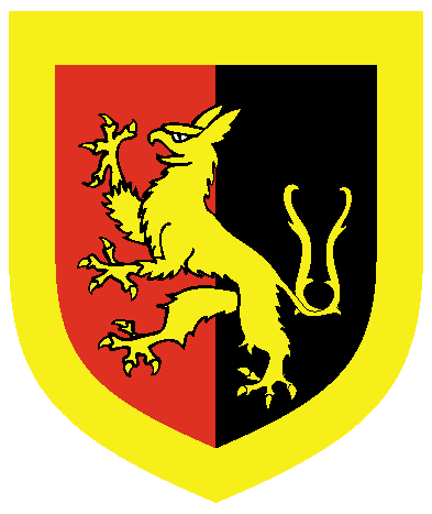 [	Per pale gules and sable, a wingless griffin rampant queue-fourchy within a bordure Or.  ]
