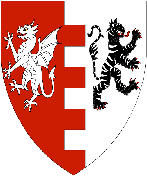 [Per pale embattled gules and argent, a dragon segreant argent and a Bengal tiger rampant contourny sable marked argent.]