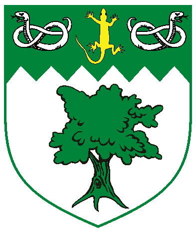 [Argent, a tree eradicated and on a chief indented vert a lizard tergiant palewise Or between a snake nowed and a snake nowed to sinister argent	  ]