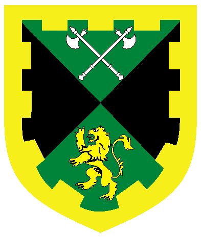[Per saltire vert and sable, in pale two axes crossed in saltire argent and a lion rampant a bordure embattled Or]