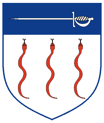 [Argent, in fess three serpents glissant palewise gules and on a chief azure a rapier argent.]