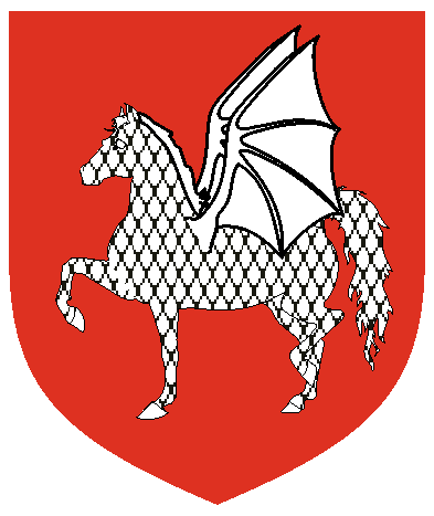 [Gules, a batwinged horse passant argent, scaly sable, unguled, crined and winged argent	  ]