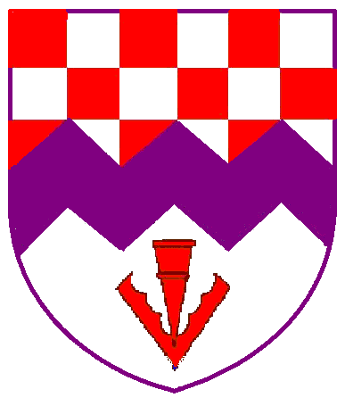 [Per fess checky gules and argent and argent, a dance purpure and in base a pheon gules]
