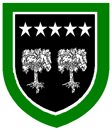 [Sable, in fess two trees couped and in chief five mullets in fess argent, all within a bordure vert, fimbriated argent]