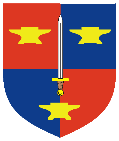 [Quarterly gules and azure, a sword proper between three two-horned anvils Or]