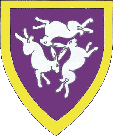 [Purpure, in pall inverted three rabbits courant contourny conjoined by the ears argent, a bordure Or.  	  ]