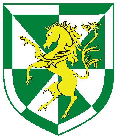 [Gyronny vert and argent, a horse rampant Or within a bordure counterchanged]