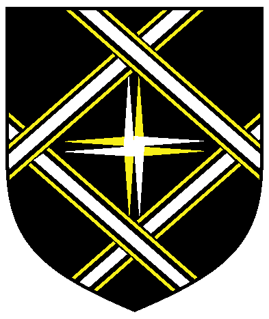 [Sable, a compass-star of eight passion nails, points outwards, alternately argent and Or, within two bendlets argent cotised Or and two scarpes argent, cotised Or, all fretted in mascle throughout	  ]