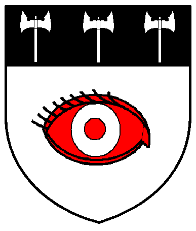 [Argent, an eye gules irised argent and on a chief sable three double-bitted axes palewise argent]