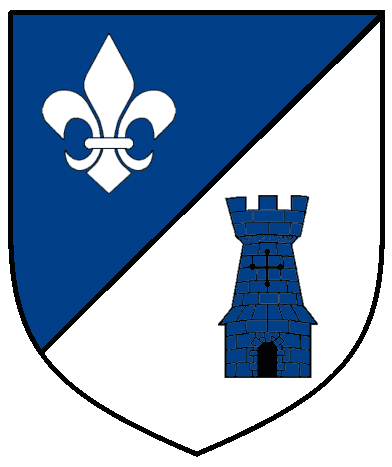 [Per bend sinister azure and argent, a fleur-de-lys and a tower counterchanged	  ]