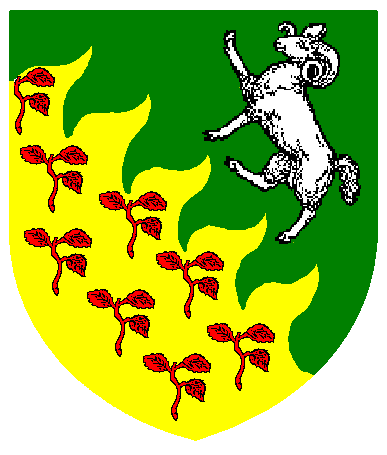 [Per bend rayonny vert and Or semy of sprigs gules, in sinister chief a ram rampant argent]