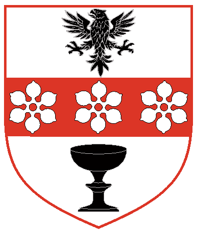 [Argent, on a fess gules between a falcon displayed and a cup sable, three sexfoils pierced argent.]