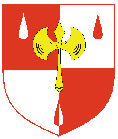 [Quarterly gules and argent, a doubled-bitted ax Or between three gouttes counterchanged]