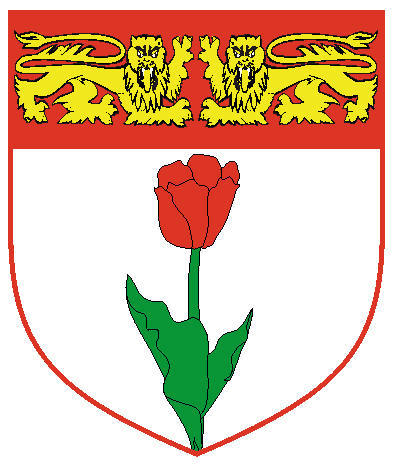 [Argent, a tulip vert flowered issuant from base and on a chief gules two lions passant guardant respectant Or]