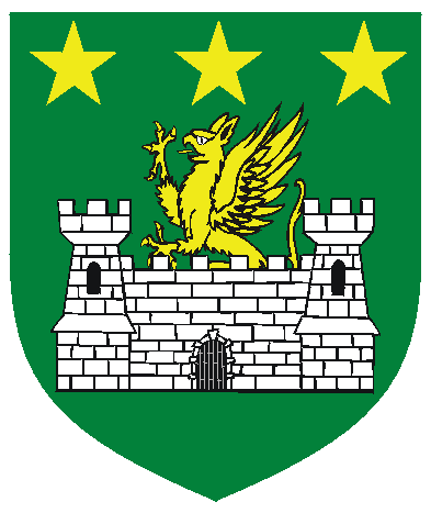 [Vert, issuant from a castle argent a demi-griffin, in chief three mullets Or]