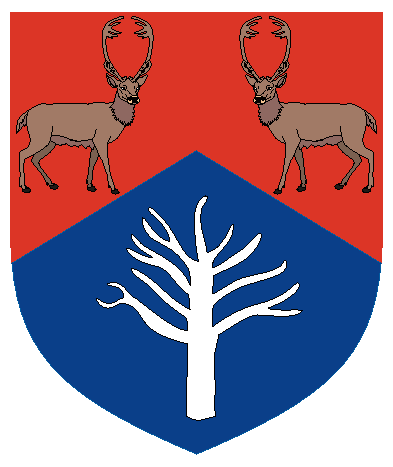 [Per chevron gules and azure, two reindeer respectant at gaze proper and a blasted birch tree couped argent]