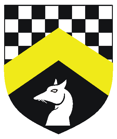 [Per chevron checky sable and argent and sable, a chevron Or and in base a fox's head couped argent]