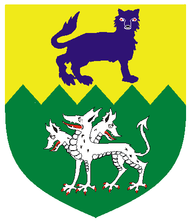 [Per fess indented Or and vert, a wolf statant guardant contourny azure and a three-headed wingless dragon statant argent]