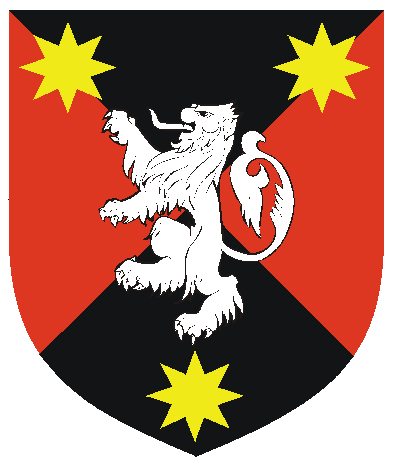 [Per saltire sable and gules, a lion rampant argent between three mullets of eight points Or]