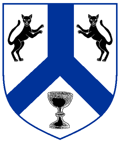 [Argent, a pall inverted azure between two cats salient respectant guardant and a chalice sable.	  ]