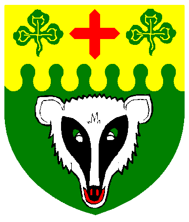 [Vert, a badger's head cabossed, argent, marked sable, on a chief nebuly Or, a cross urdy gules between two trefoils slipped vert]