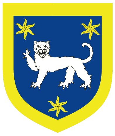 [Azure, a catamount passant guardant argent between three estoiles within a bordure Or]