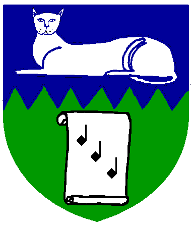 [Per fess indented azure and vert, a cat couchant guardant and on an open scroll argent three musical notes in bend sable]