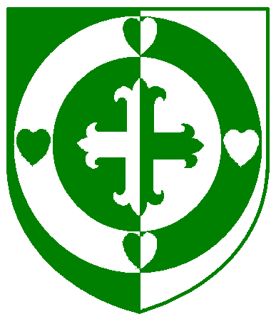 [Per pale vert and argent, a cross flory within an annulet charged with four hearts in cross all counterchanged]