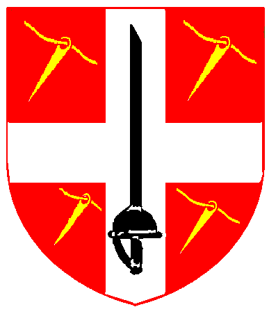 [Gules, on a cross argent between four threaded needles bendwise sinister Or, a rapier sable]