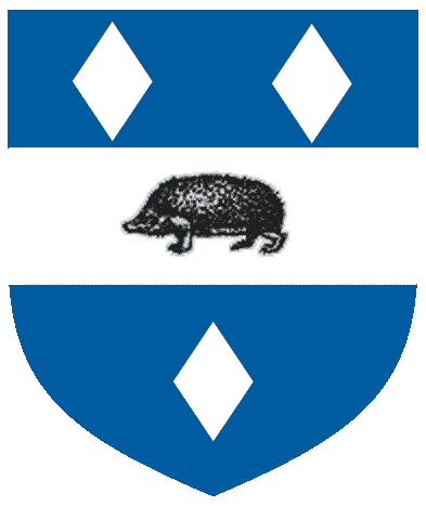 [Azure, on a fess between three lozenges argent, a hedgehog sable.]