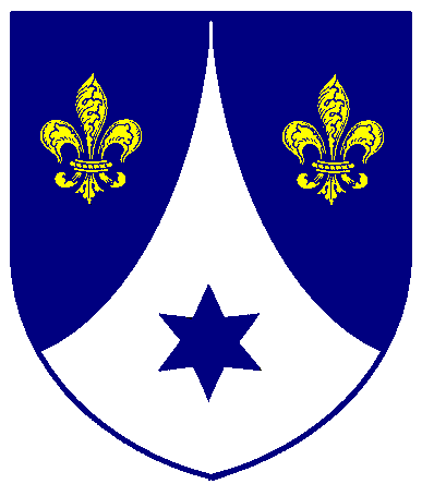 [Per chevron throughout ploye azure and argent, two fleurs-de-lys Or and a mullet of six points azure]