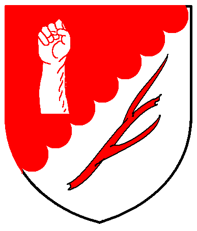 [Per bend sinister engrailed gules and argent, a cubit arm and a branch bendwise sinister counterchanged]