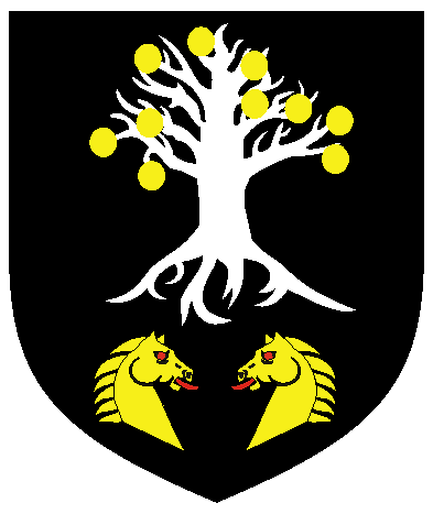 [Sable, a fruit tree blasted and eradicated argent fructed and in base two horse's heads couped respectant Or.]