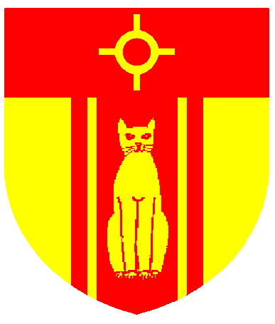 [Or, on a pale endorsed gules a cat sejant affronty Or and on a chief gules a Coptic cross Or]