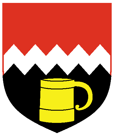 [Per fess indented gules and sable, a dance argent and in base a tankard Or	  ]