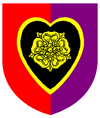 [Per pale gules and purpure, on a heart sable fimbriated a rose Or]