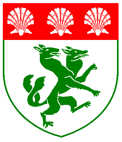 [Argent, a two-headed wolf, queue forchy and rampant to sinister, vert, on a chief gules, three escallops inverted argent.]