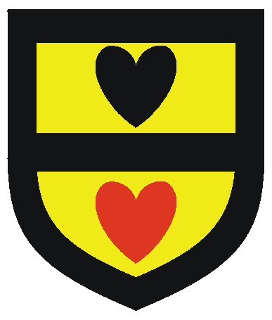 [Or, a fess between a heart sable and a heart gules all within a bordure sable]