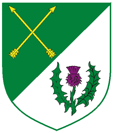 [Per bend sinister vert and argent, two arrows inverted in saltire Or and a thistle proper]