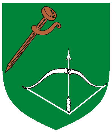 [Vert, in bend a wooden staff bendwise sinister proper and a recurved Turkish bow palewise reversed, armed and drawn, argent	  ]