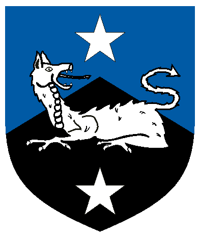 [Per chevron azure and sable, a wingless dragon couchant regardant between in pale two mullets argent	  	  ]