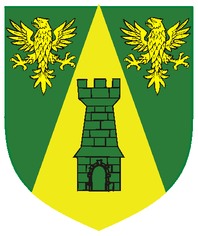 [Per chevron throughout vert and Or, two eagles and a tower counterchanged]