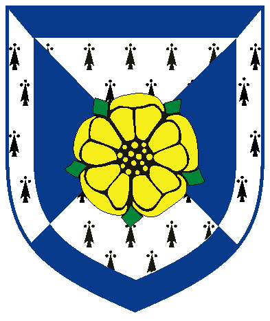 [Per saltire ermine and azure, a rose Or, barbed and seeded proper, within a bordure counterchanged	  ]