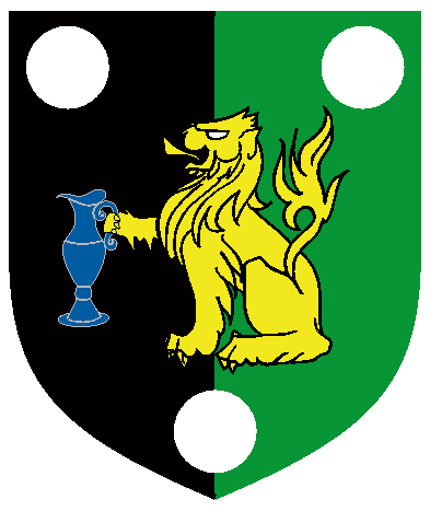 [Per pale sable and vert, a lion sejant Or maintaining an ewer azure between three plates.]