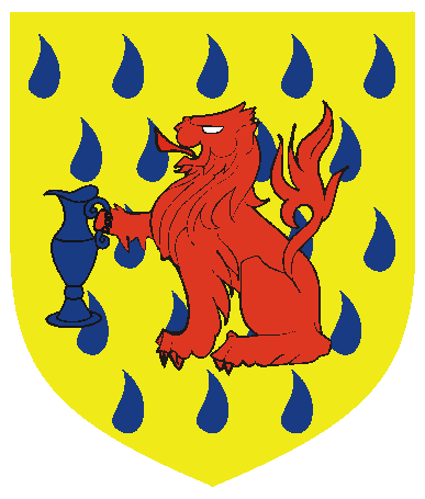 [Or, goutty de larmes, a lion sejant gules, maintaining a pitcher azure]