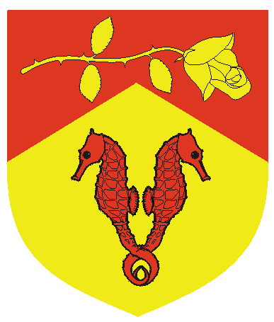 [Per chevron enhanced gules and Or, a garden rose slipped and leaved fesswise contourny and two natural seahorses addorsed, tails entined, counterchanged]