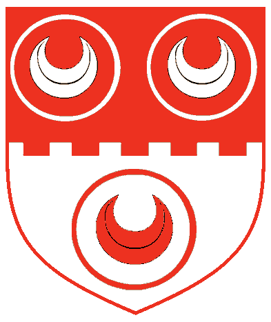 [Per fess embattled gules and argent, three crescents, each within annulet, all counterchanged	  ]