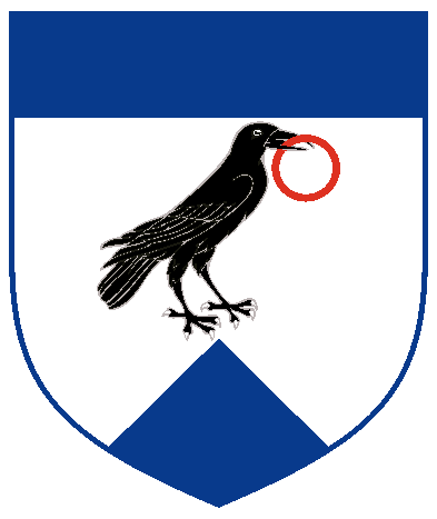 [Argent, a raven close to sinister sable bearing in its beak an annulet gules, between a chief and a point pointed azure	  ]